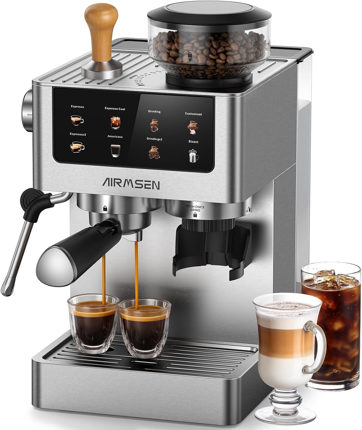 AIRMSEN 20-Bar Espresso Machine with built-in burr grinder and steam wand for cappuccino and latte