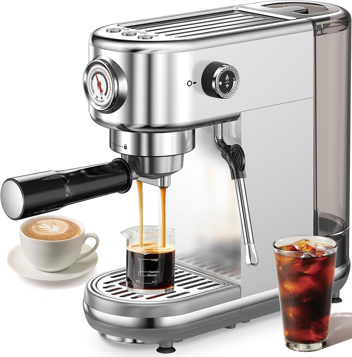 Compact 20-bar espresso machine with stainless steel finish and integrated milk frother wand