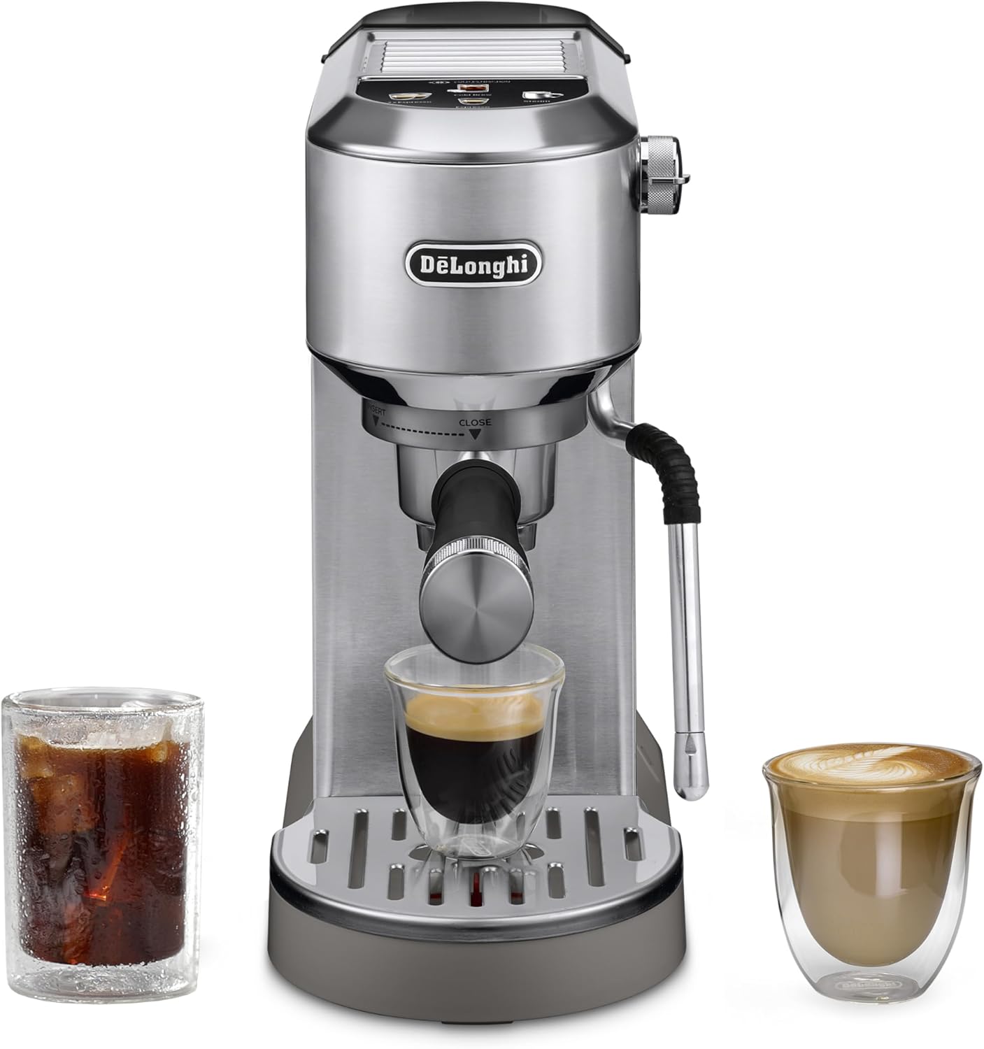 De'Longhi Dedica Duo compact espresso machine with milk frother, designed for espresso, iced coffee, and lattes